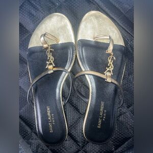 Saint Laurent Paris YSL Gold & Black Flat Sandals | Logo Hardware